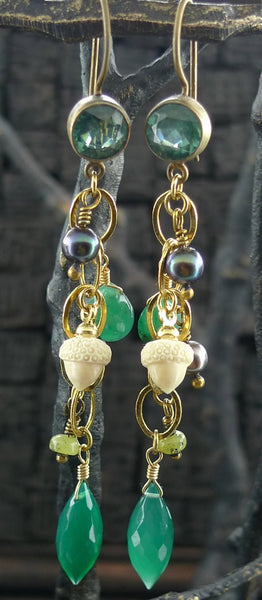 Extasia Green Stone, Grey Pearl, and Acorn Charm Earrings