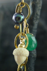 Extasia Green Stone, Grey Pearl, and Acorn Charm Earrings