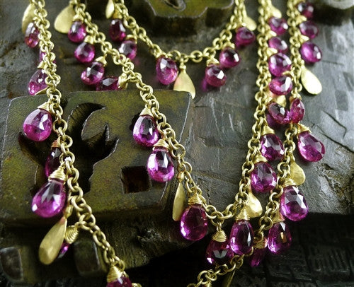 Talisman Unlimited 18K Yellow Gold and Fine Pink Tourmaline Briolette Three Strand Cascading Necklace