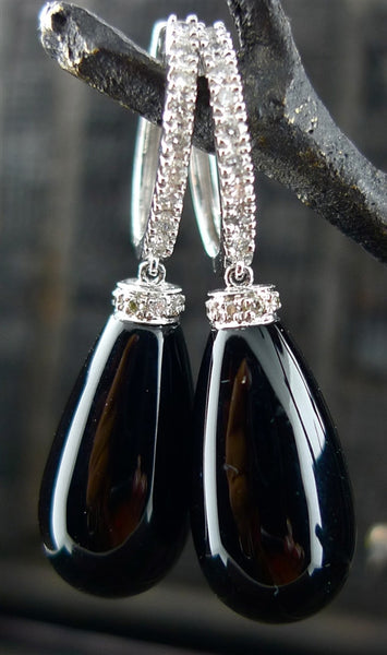 Onyx Drop Diamond Earrings in 14K White Gold