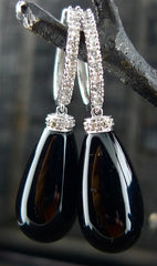 Onyx Drop Diamond Earrings in 14K White Gold