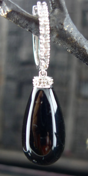 Onyx Drop Diamond Earrings in 14K White Gold