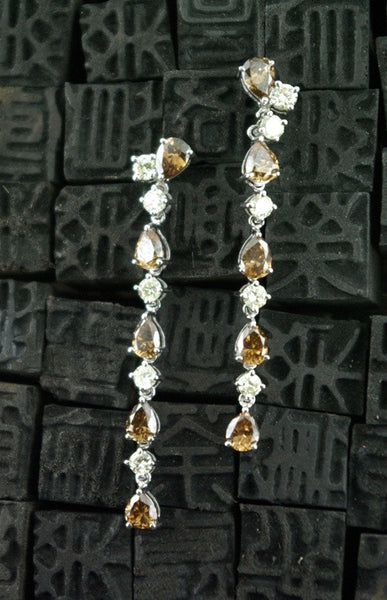 Estate Pear-Shaped Cognac and White Diamond Drop Earrings in 18K White Gold
