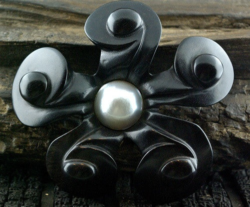 Patricia Von Musulin Ebony Flower Pin with White Mabe Pearl