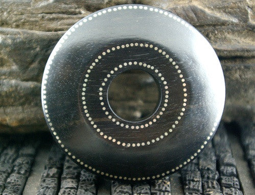 Patricia Von Musulin Black Wooden Doughnut Pin with Three Rows of Sterling Silver Bands