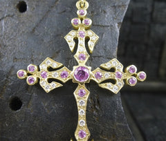 Loree Rodkin 18K Yellow Gold Big Angel Pink Sapphire and Diamond Cross Pendant