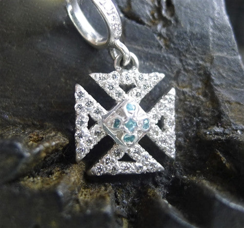 Loree Rodkin 18K White Gold and Blue and White Diamond Tiny Maltese Cross Pendant with Diamond Bale