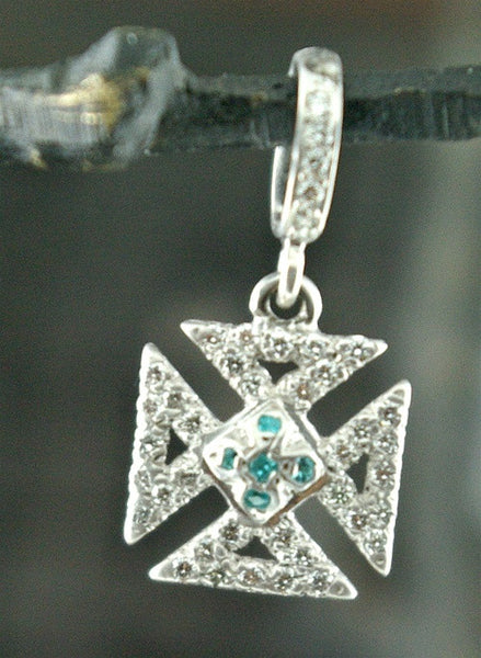 Loree Rodkin 18K White Gold and Blue and White Diamond Tiny Maltese Cross Pendant with Diamond Bale