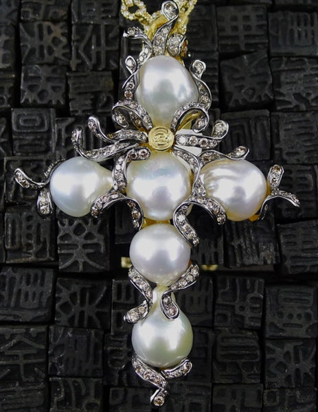 Robert Wander 18K Gold South Sea Pearl Cross Pendant with Chocolate Diamonds