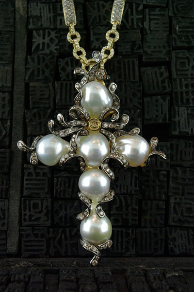 Robert Wander 18K Gold South Sea Pearl Cross Pendant with Chocolate Diamonds