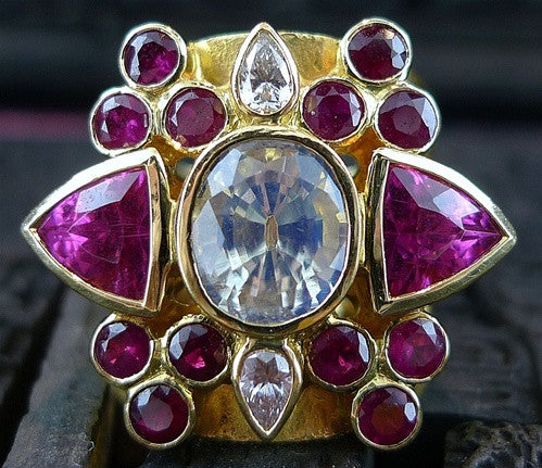 Paula Crevoshay Tourmaline, Ruby, Moonstone, and Diamond Ring in 18K Yellow Gold