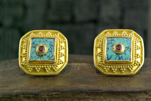 Carolyn Tyler Turquoise Inlay Cufflinks with Rubies in 22K Yellow Gold