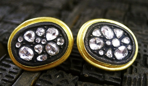 Yossi Harari Sara Clip Earrings of 24K Yellow Gold, Oxidized Gold, and Rose Cut Diamonds