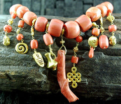 Paola Ferro 18K Yellow Gold Charm Necklace with Antique Coral Beads - One of a Kind