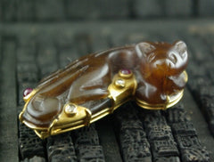 Paola Ferro  Antique Carved Brown Jade Mongoose Clasp/Pin With Rubies and Diamonds in 18K Yellow Gold