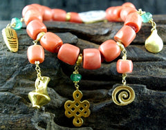 Paola Ferro Charm Bracelet of Antique Coral, Emeralds, and 18K Yellow Gold- One of a Kind