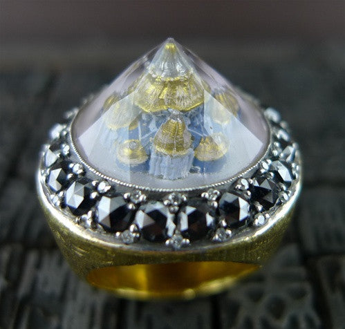 Sevan Bicakci  24K Gold Blue Mosque Dome Ring with Black and White Diamonds