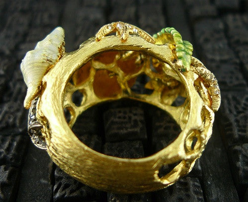 Umlaut 18K Yellow Gold and Diamond Enameled Ocean Themed Ring