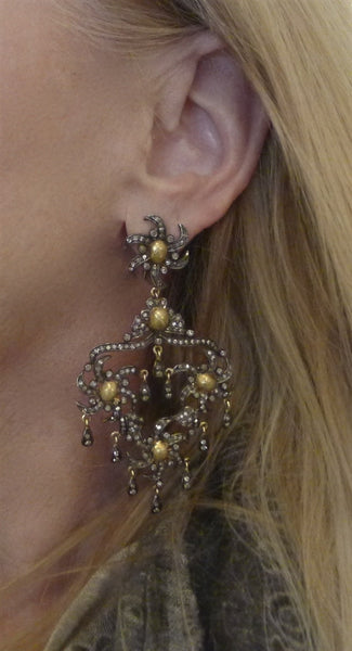 CHURCHILL Private Label 18K Yellow Gold, Silver, and Blackened Diamond Chandelier Earrings