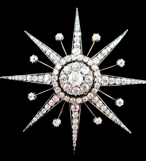 Important Antique Diamond Starburst Brooch/ Pin of 18K Gold