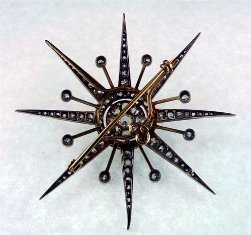 Important Antique Diamond Starburst Brooch/ Pin of 18K Gold