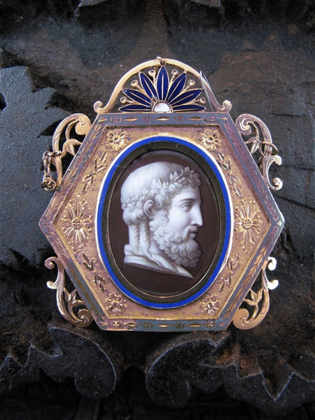 Edwardian Enameled Portrait Pendant of Classical Nobleman in 18K Yellow Gold