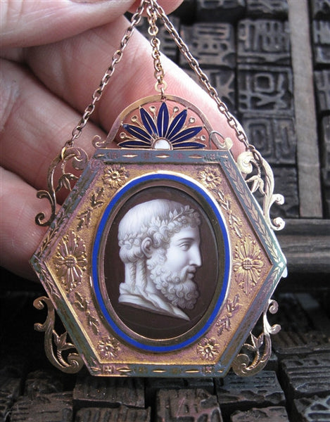 Edwardian Enameled Portrait Pendant of Classical Nobleman in 18K Yellow Gold