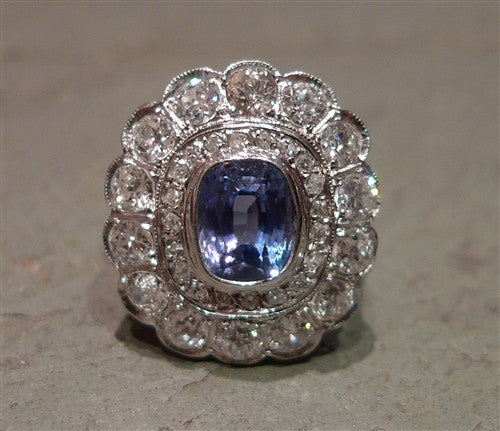 Late Edwardian Ceylon Sapphire and Diamond Ring  in 18K White Gold