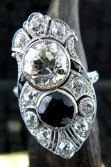 Art Deco Diamond, Sapphire and Onyx Ring in 18K White Gold Circa 1925
