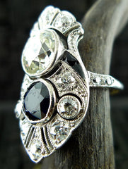 Art Deco Diamond, Sapphire and Onyx Ring in 18K White Gold Circa 1925