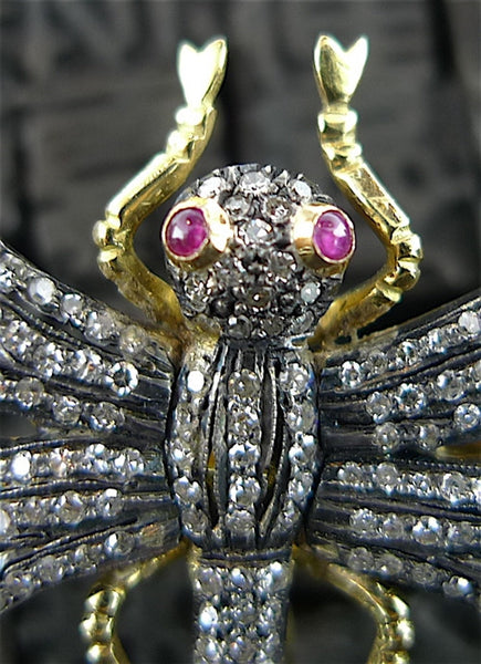 Estate Diamond and Ruby Dragonfly Brooch/Pin in Yellow Gold and Silver