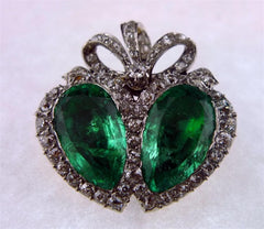 Heart Shaped Twin Emerald Brooch with Diamonds in 18K Gold and Platinum Circa 1910