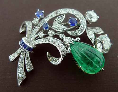 Art Nouveau Emerald, Sapphire and Diamond Brooch