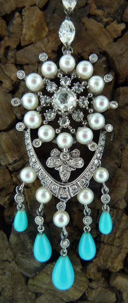 Lorraine Schwartz Diamond, Pearl, and Persian Turquoise Chandelier Earrings