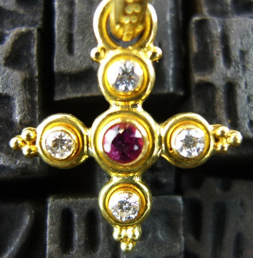 Tarak 22K Yellow Gold, Diamond and Red Spinel Earrings