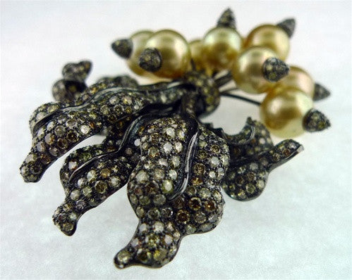 Golden South Sea Pearl "Radishes" Brooch with Champagne Diamonds in 18K Rhodium Blackened Gold