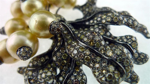 Golden South Sea Pearl "Radishes" Brooch with Champagne Diamonds in 18K Rhodium Blackened Gold