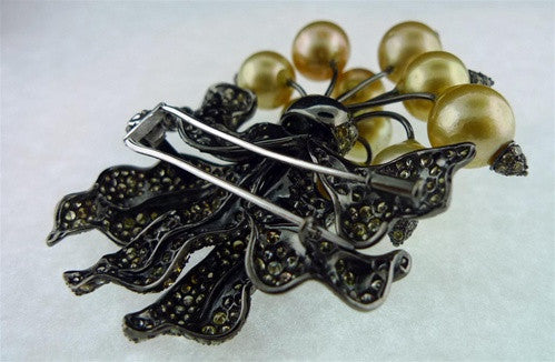 Golden South Sea Pearl "Radishes" Brooch with Champagne Diamonds in 18K Rhodium Blackened Gold