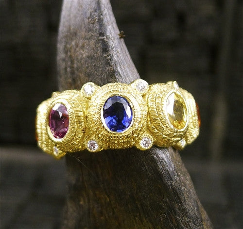 Coomi Diamond Eternity Ring with Multi-color Sapphires in 20K Yellow Gold