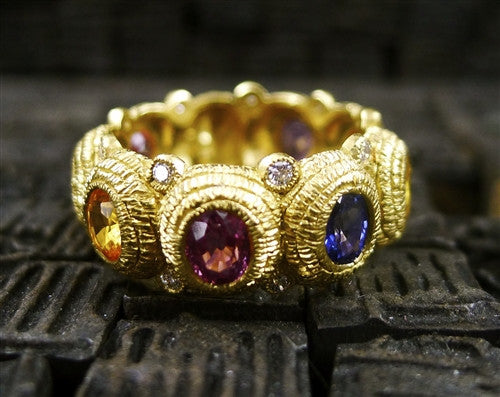 Coomi Diamond Eternity Ring with Multi-color Sapphires in 20K Yellow Gold