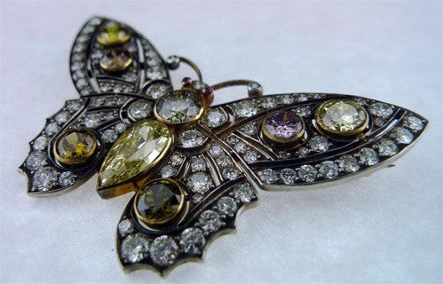 Rare Antique Natural Colored Diamond Butterfly Brooch