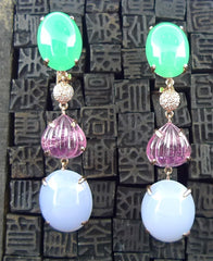 Churchill Private Label 18K Rose Gold Chrysophase, Pink Tourmaline, Lavender Jade and Diamond Drop Earrings