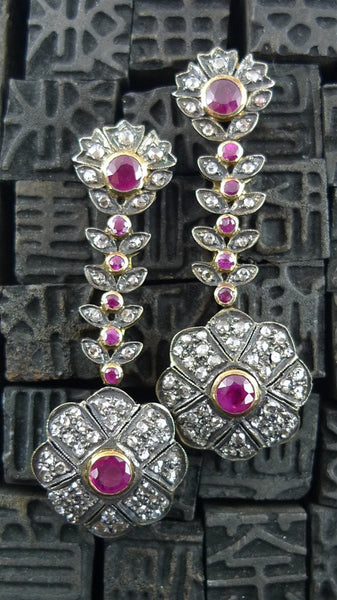 Estate Drop Ruby Earrings in 18K Gold and Silver