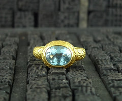 Julie Baker 18k Yellow Gold Engraved Blue Topaz Ring