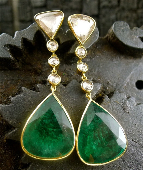 Amrapali Estate 22K Yellow Gold, Emerald and Diamond Earrings