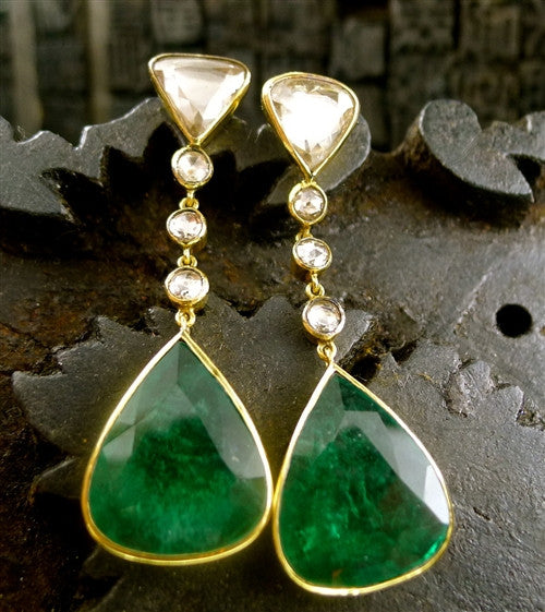 Amrapali Estate 22K Yellow Gold, Emerald and Diamond Earrings