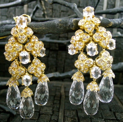 Estate 18K Yellow Gold, Diamond and White Topaz Chandelier Earrings