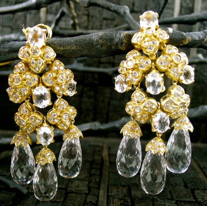 Estate 18K Yellow Gold, Diamond and White Topaz Chandelier Earrings