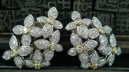 Estate Diamond Flower Earrings in 18K Yellow and White Gold