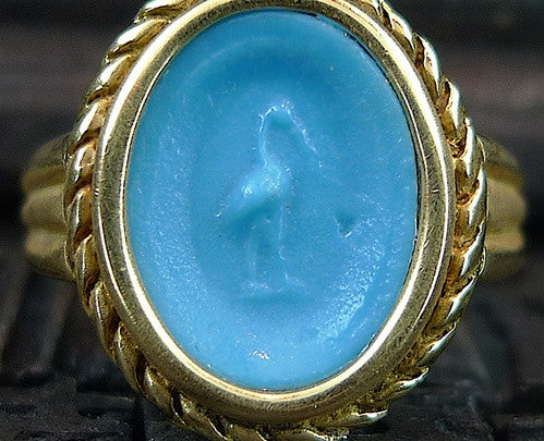 Estate Turquoise Faience Ring 18K Yellow Gold